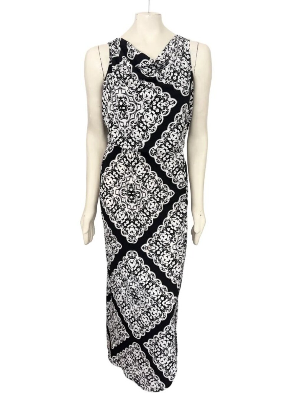 CHICO'S Black Label Medallion Print Cowl Neck Maxi Dress Black White SZ S